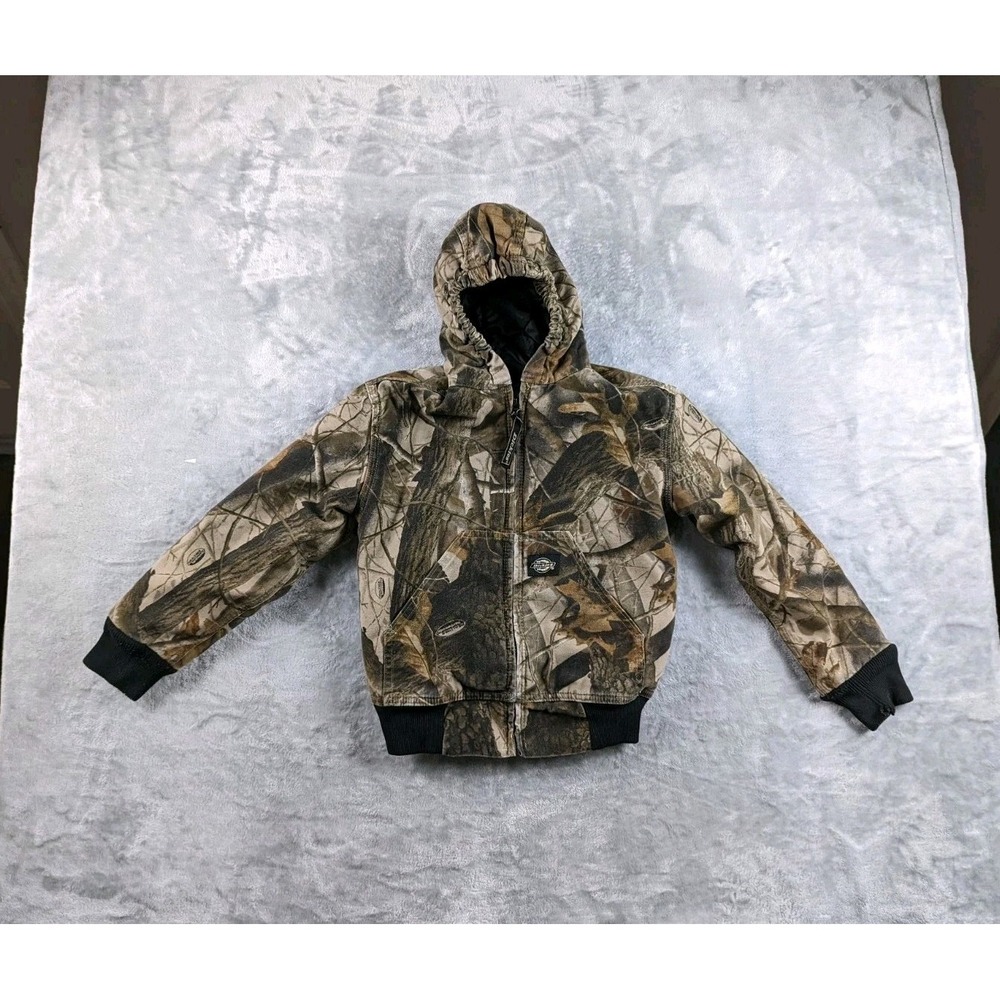 VTG Dickies Jacket Youth Boys Small Camo Realtree Canvas Hooded Quilted Zip Y2K